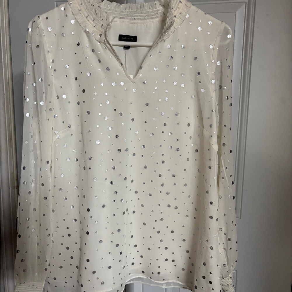 NWT Talbots White and Silver Polka Dot blouse